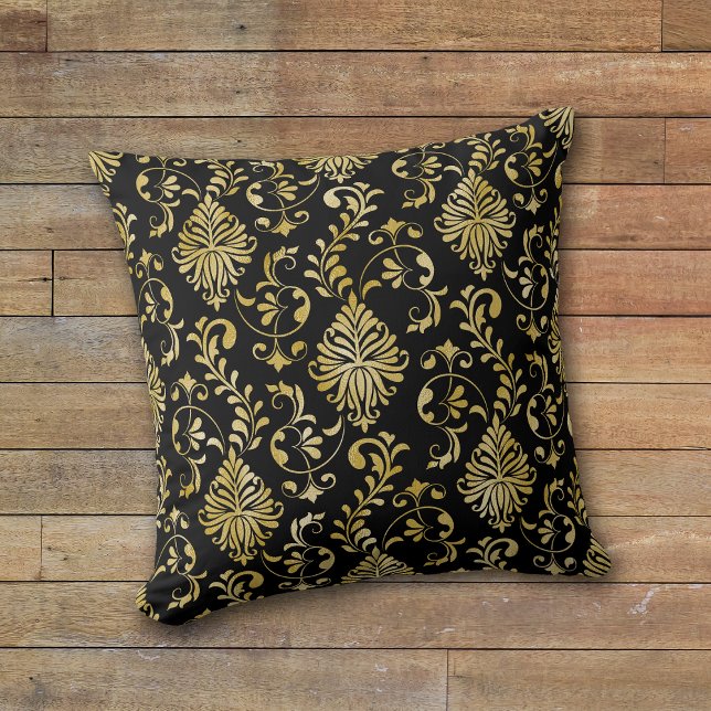 Cojín Decorativo Patrón de Damasco de Swirl Gold en negro (Subido por el creador)