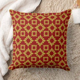 Cojín Decorativo Patrón de Damasco Dorado Real sobre Rojo Intenso