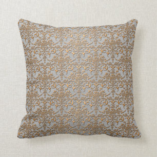 Cojín Decorativo Patrón de damasco dorado y gris elegante