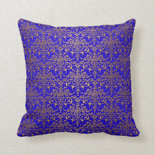 Cojín Decorativo Patrón de damasco elegante azul brillante y dorado