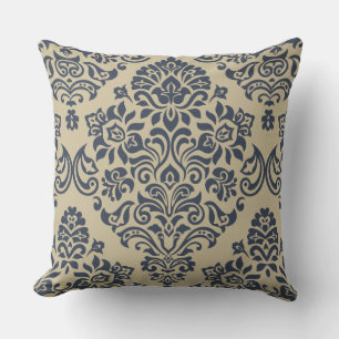 Cojín Decorativo Patrón de Damasco estiloso azul y crema