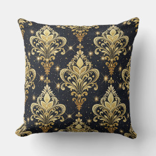 Cojín Decorativo Patrón de damasco floral real chispeante negro y d