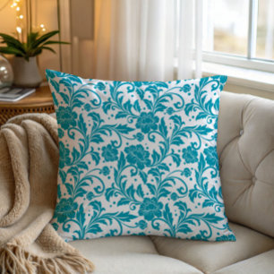 Cojín Decorativo Patrón de damasco floral turquesa y blanco