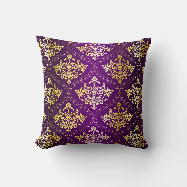 Cojín Decorativo Patrón de damasco morado y dorado (Anverso)