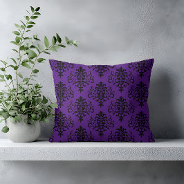 Cojín Decorativo Patrón de damasco negro púrpura gótico