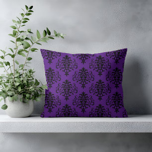 Cojín Decorativo Patrón de damasco negro púrpura gótico