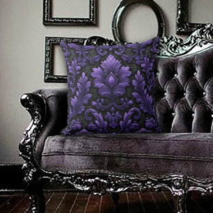 Cojín Decorativo Patrón de Damasco púrpura y negro 