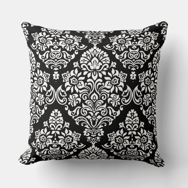 Cojín Decorativo Patrón de damasco real en blanco y negro sofistica (Anverso)