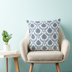 Cojín Decorativo Patrón de Damasco Rococó Azul sobre Blanco