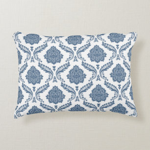 Cojín Decorativo Patrón de Damasco Rococó Azul sobre Blanco