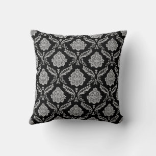Cojín Decorativo Patrón de Damasco Rococó Gris sobre Negro