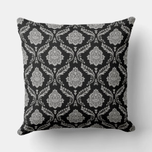Cojín Decorativo Patrón de Damasco Rococó Gris sobre Negro