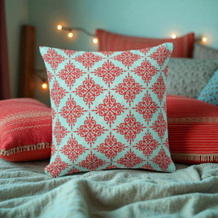 Cojín Decorativo Patrón de damasco rojo sobre azul verde