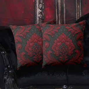 Cojín Decorativo Patrón de Damasco Rojo y Negro