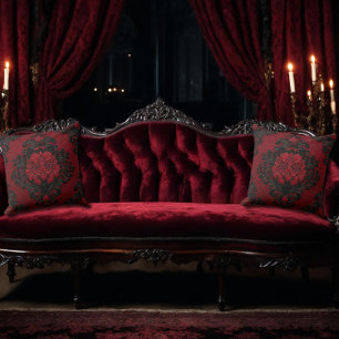 Cojín Decorativo Patrón de Damasco Rojo y Negro