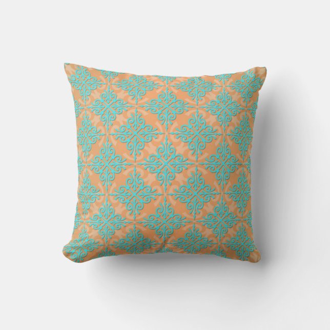 Cojín Decorativo Patrón de damasco turquesa y naranja (Anverso)
