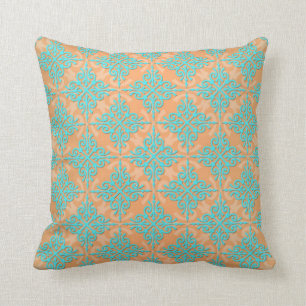 Cojín Decorativo Patrón de damasco turquesa y naranja