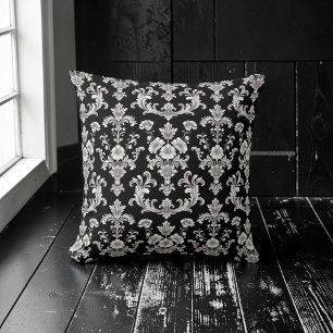 Cojín Decorativo Patrón de damasco victoriano en negro y blanco