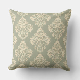 Cojín Decorativo Patrón de Damasco Vintage verde y crema