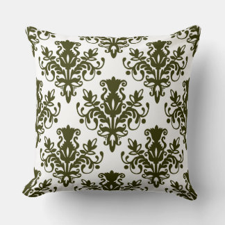 Cojín Decorativo Patrón de Damask 02 - Olivo oscuro en blanco