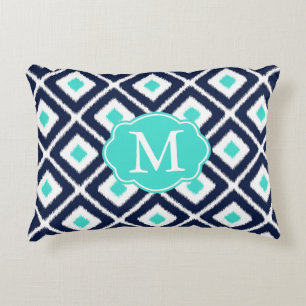 Cojín Decorativo Patrón de diamante azul marino, turquesa, ikat bla