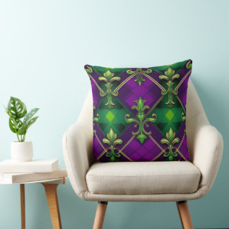 COJÍN DECORATIVO PATRÓN DE DIAMANTE VERDE Y PÚRPURA ORNADO