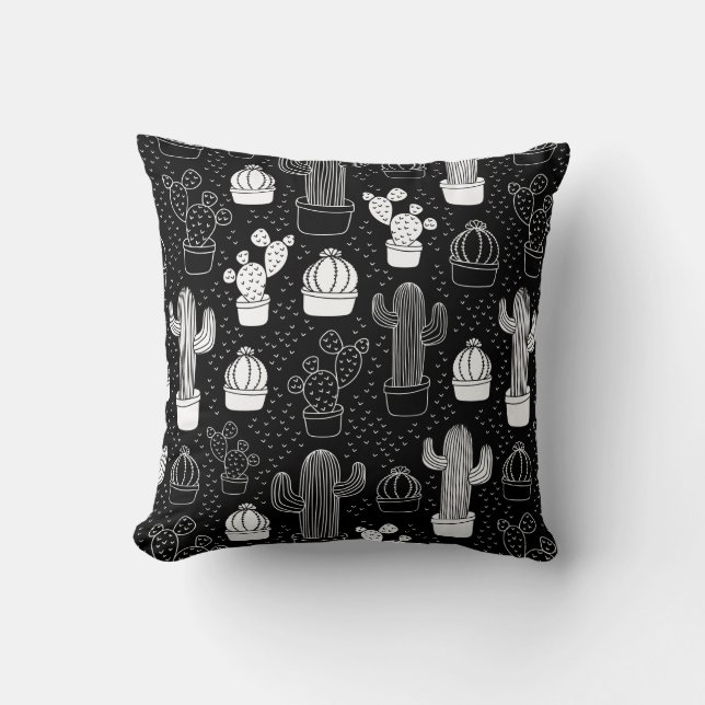 Cojín Decorativo Patrón de doodle de cactus en blanco y negro (Anverso)