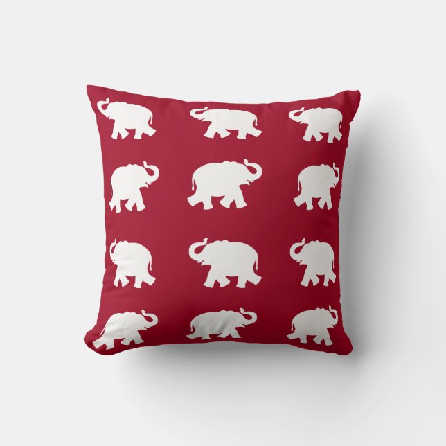 Cojín Decorativo Patrón de elefante blanco sobre rojo burdeos (Anverso)