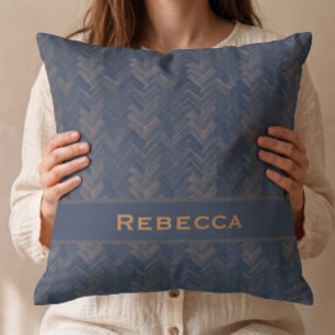 Cojín Decorativo Patrón de espiga de Chevron en azul retro con mono