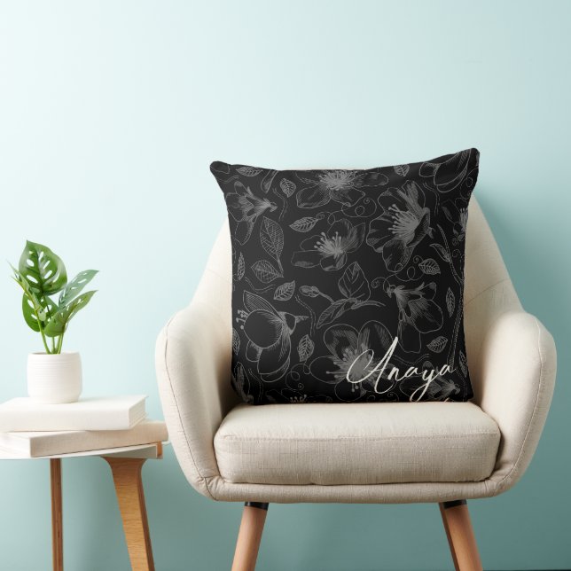 Cojín Decorativo Patrón de esquema floral esbozado gris/negro ID939 (Silla)