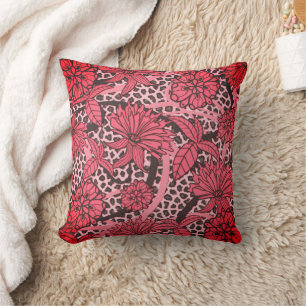 Cojín Decorativo Patrón de estampado de leopardo floral negro rosa