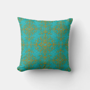 Cojín Decorativo Patrón de estilo damasco de oro y turquesa
