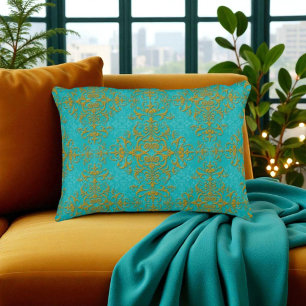 Cojín Decorativo Patrón de estilo damasco de oro y turquesa