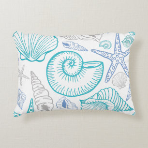 Cojín Decorativo Patrón de Estrella de Mar con Conchas Azul Beige V