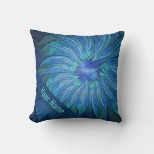 Cojín Decorativo Patrón de fantasía de flor azul, nombre artístico