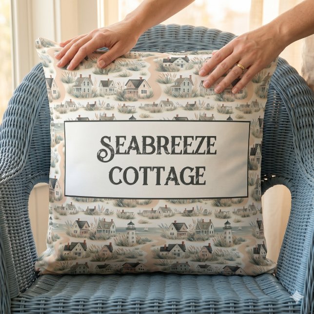 Cojín Decorativo Patrón de faro de cabaña costera (Coastal Cottage Lighthouse Pattern Throw Pillow)