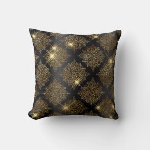 Cojín Decorativo Patrón de filigrí de Glam Purpurina negro y dorado