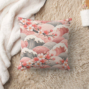 Cojín Decorativo Patrón de Flor de Cerezo de Ola Japonesa Coral Ros