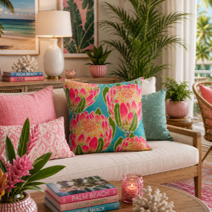 Cojín Decorativo Patrón de Flor de Protea Rey Vibrante Teal Rosa