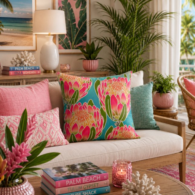 Cojín Decorativo Patrón de Flor de Protea Rey Vibrante Teal Rosa (Subido por el creador)