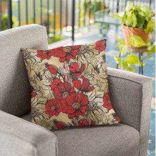 Cojín Decorativo Patrón de flor de rosa roja negra elegante dorada