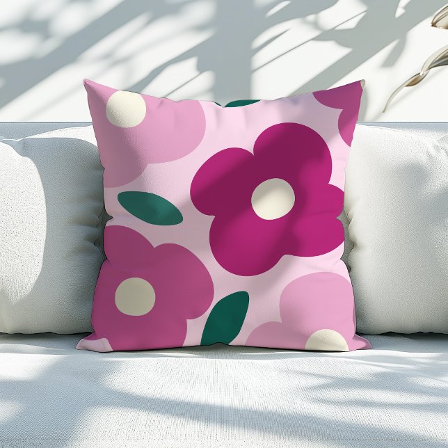 Cojín Decorativo Patrón de flor retro de abstracto magenta (magenta pink abstract flower throw pillow)