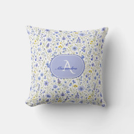 Cojín Decorativo Patrón de flor silvestre de acuarela azul con nomb