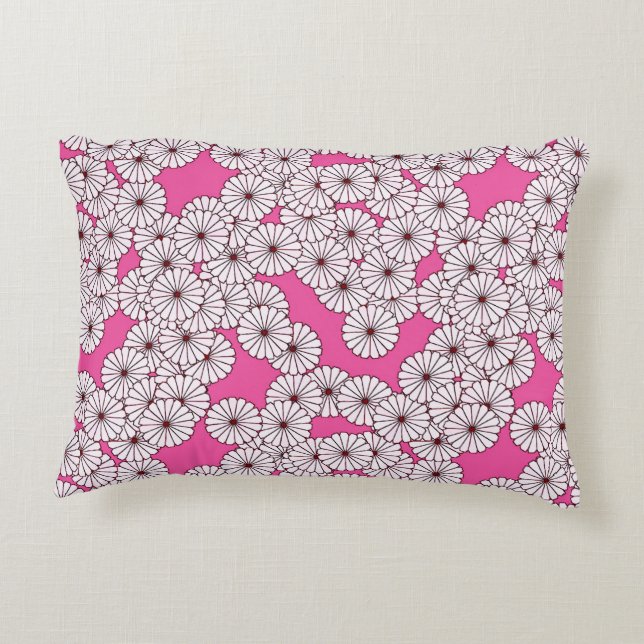 Cojín Decorativo Patrón de flores Art Deco - blanco sobre rosa (Reverso)