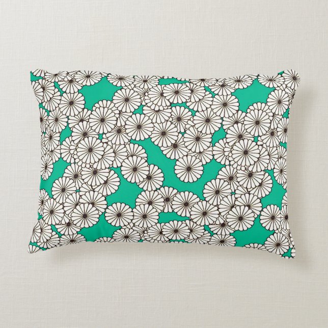 Cojín Decorativo Patrón de flores Art Decó - blanco sobre turquesa (Reverso)