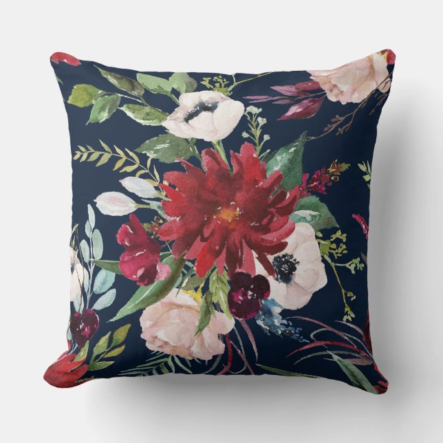 Cojín Decorativo Patrón de flores de Borgoña y rosa (Anverso)