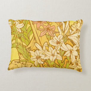 Cojín Decorativo Patrón de flores de lirio de Alphonse Mucha: Art N
