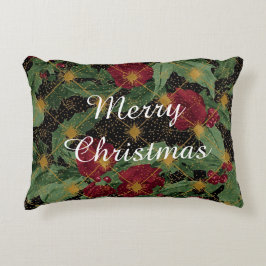 Cojín Decorativo Patrón de flores de Navidad, dorado rojo verde neg
