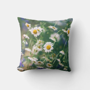 Cojín Decorativo Patrón de flores de verano en pradera verde con az