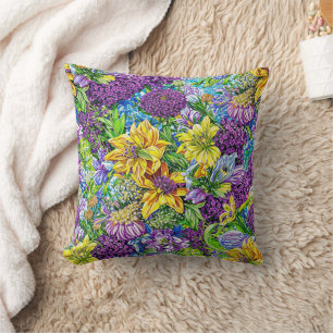 Cojín Decorativo Patrón de flores del Jardín Verde Azul Amarillo Li